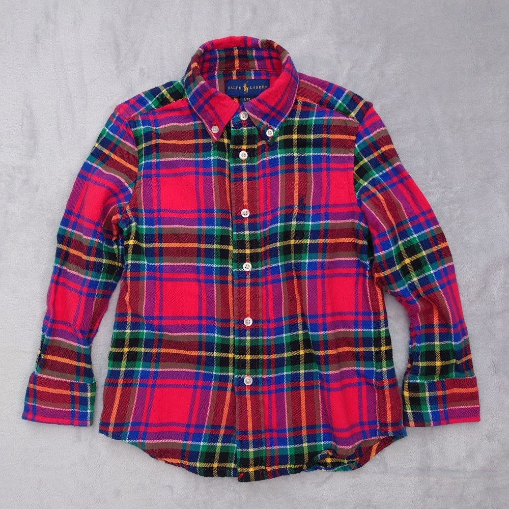 Polo Ralph Lauren Flannel Shirt Childrens 4/4T Plaid Long Sleeve Button Up Red